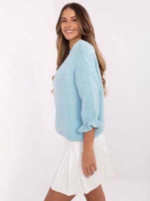 Alternative view of Šiltas megztinis su vilna ir rauktais rankogaliais "SELORA" šviesi mėlyna