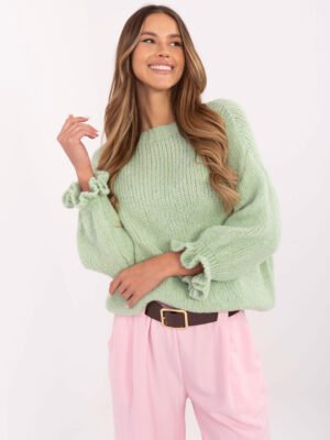 Šiltas megztinis su vilna ir rauktais rankogaliais "SELORA" pistacijų