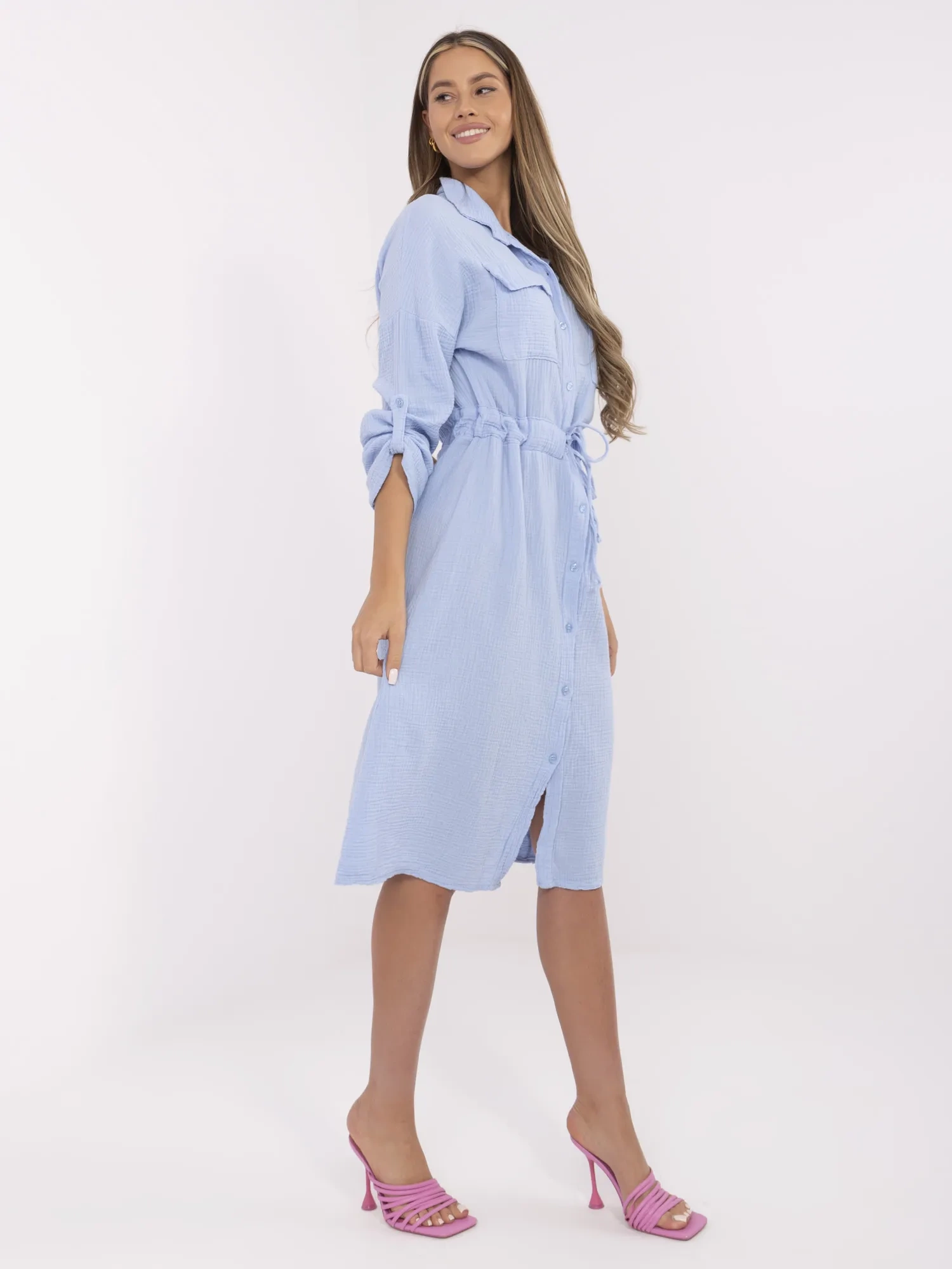 Marškinių tipo muslino suknelė su reguliuojamu liemeniu "MARINETTE" šviesi mėlyna - Image 3