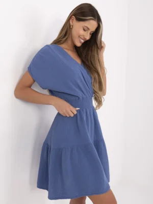 Alternative view of Vasarinė muslino suknelė su V iškirpte ir elastingu liemeniu "VIOLA" tamsi mėlyna