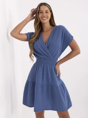 Vasarinė muslino suknelė su V iškirpte ir elastingu liemeniu "VIOLA" tamsi mėlyna