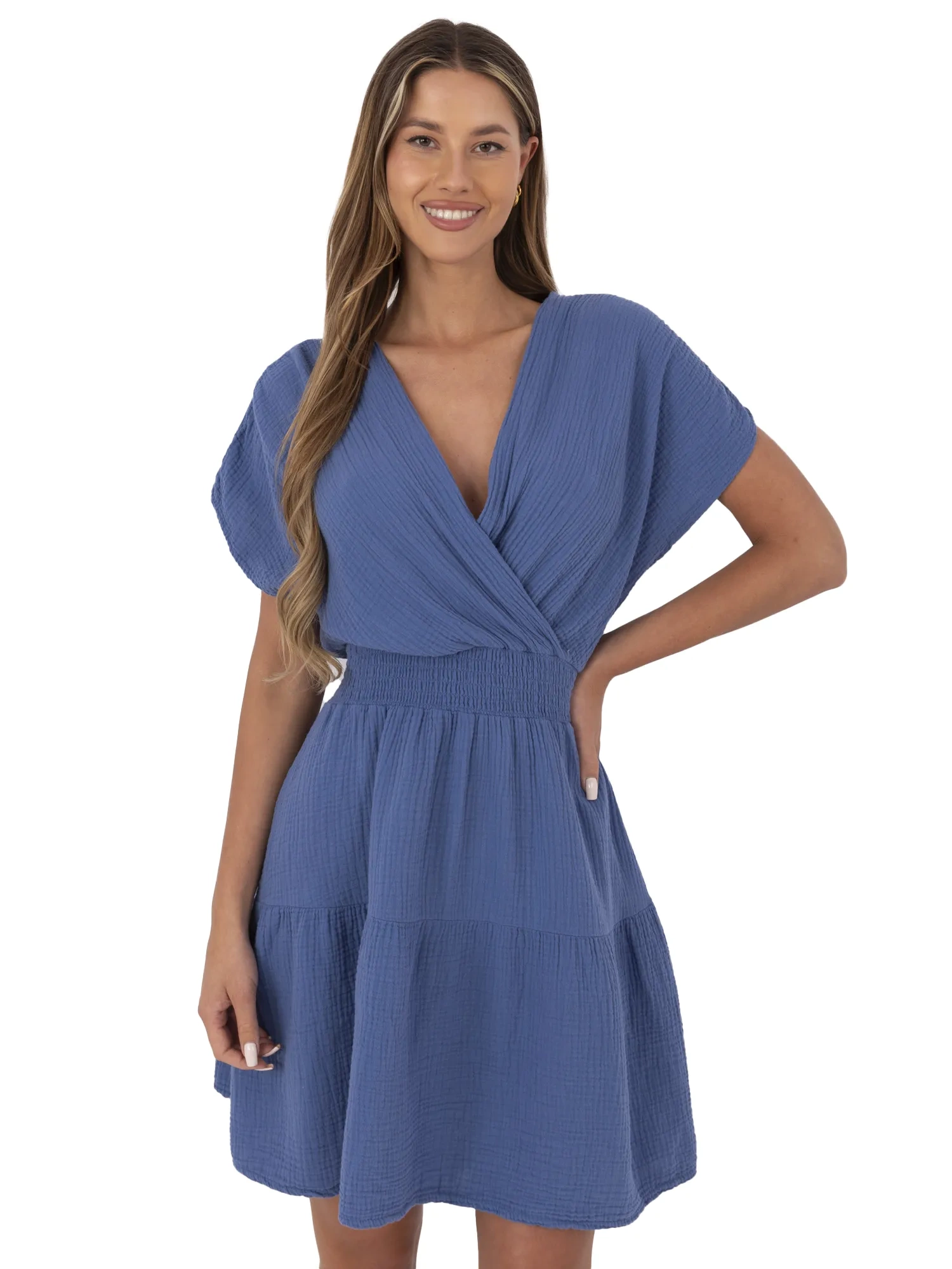 Vasarinė muslino suknelė su V iškirpte ir elastingu liemeniu "VIOLA" tamsi mėlyna - Image 4