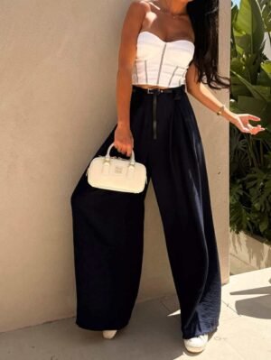 Plačios palazzo kelnės su klostėmis ir diržu "TINNI" juoda