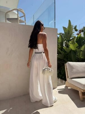 Alternative view of Plačios palazzo kelnės su klostėmis ir diržu "TINNI" balta