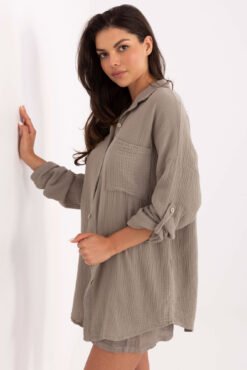 Medvilniniai muslina audinio marškiniai CLASSIC tamsi beige