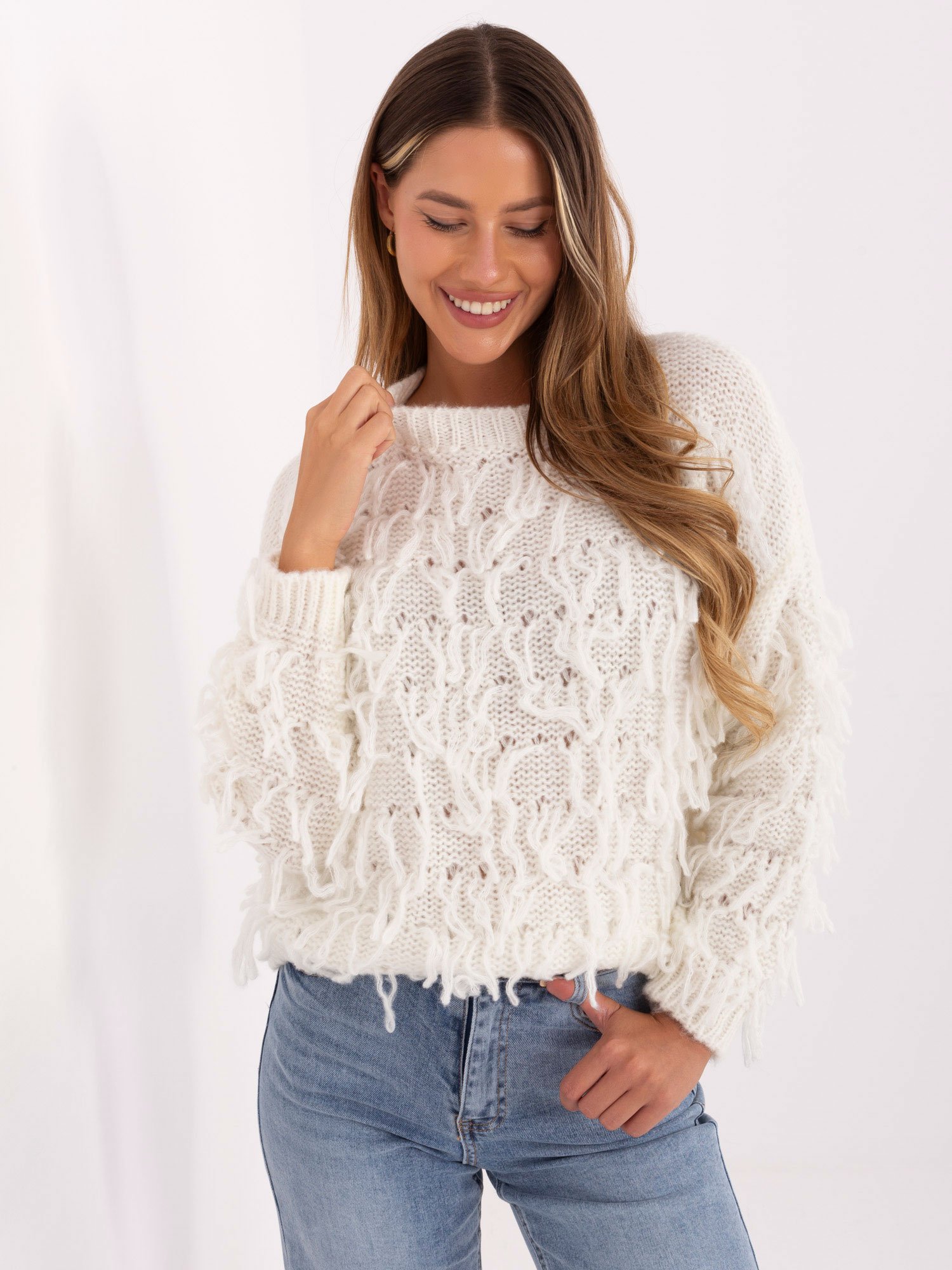 Boho stiliaus megztinis MI-SW-2008.86 ecru
