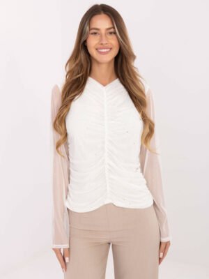 Palaidinė drapiruotu priekiu su blizgučiais ir tiulio rankovėmis "FEEL"  balta