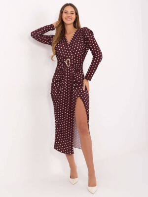Elegantiška taškuota suknelė su dirželiu ir skeltuku priekyje "NATALI" bordo