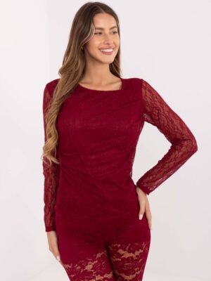 Klasikinė nėrinių palaidinė su permatomomis rankovėmis "LOREIN" bordo