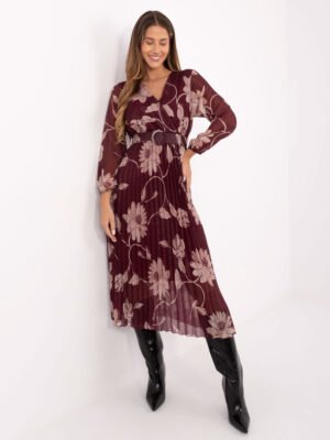 Plisuota midi suknelė su gėlių raštu ir dirželiu "MIRELLA" bordo