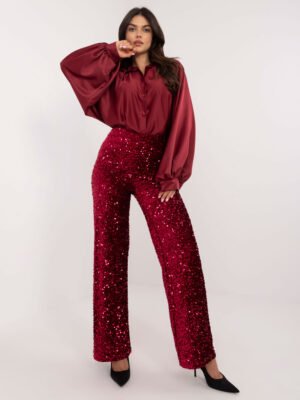 Blizgaus audinio puošnios plačios kelnės "MONASI" bordo