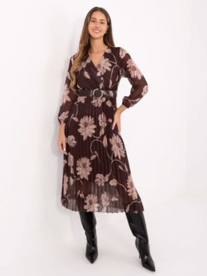 Alternative view of Plisuota midi suknelė su gėlių raštu ir dirželiu "MIRELLA" ruda