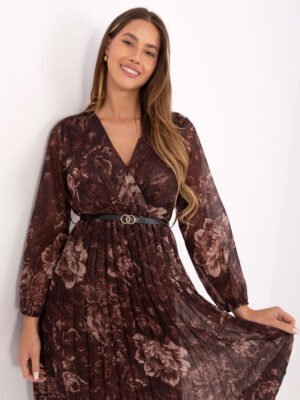 Alternative view of Gėlėta plisuoto audinio suknelė IT-SK-10536-2.35 ruda