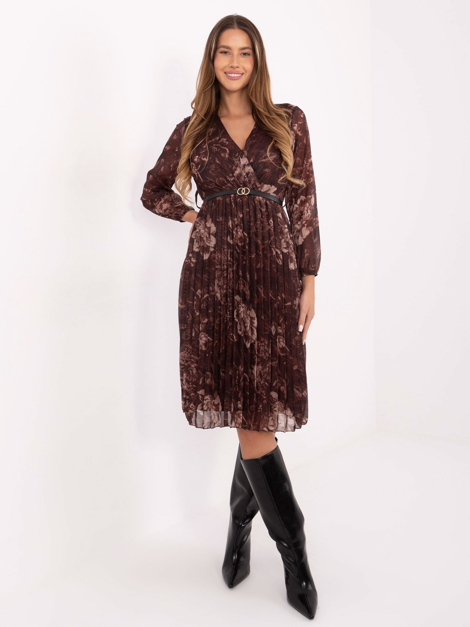 Gėlėta plisuoto audinio suknelė IT-SK-10536-2.35 ruda - Image 3