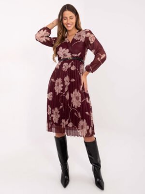 Gėlėta plisuoto audinio suknelė IT-SK-10536.18P bordo