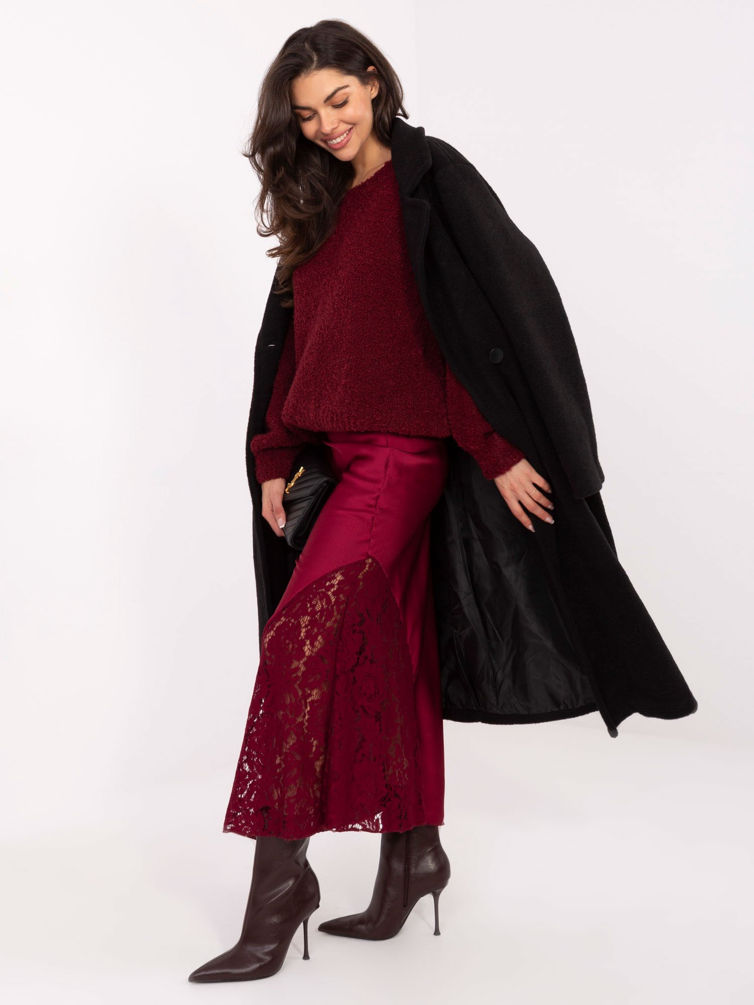 Ilgas satino sijonas su nėrinių skeltuku "ALIA" bordo - Image 2