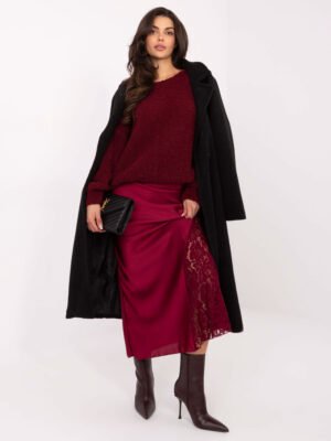 Ilgas satino sijonas su nėrinių skeltuku "ALIA" bordo