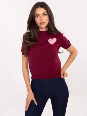 Klasikinis  megztukas trumpomis rankovėmis su dekoratyvine širdele "CARMELLA" bordo