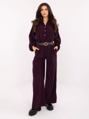 Velvetinės kelnės su diržu "MILA" tamsiai violetinė