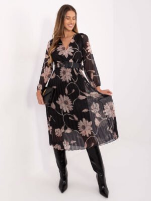 Plisuota midi suknelė su gėlių raštu ir dirželiu "MIRELLA"juoda