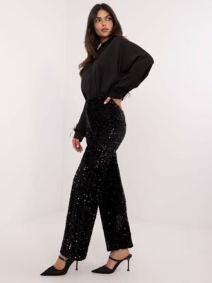 Blizgaus audinio puošnios plačios kelnės "MONASI" juoda