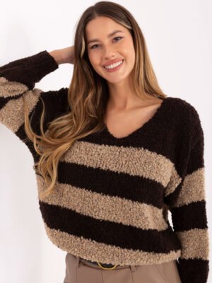 Alternative view of Bouclé stiliaus megztinis su vilna plačiomis juostomis "MARTA" tamsi ruda