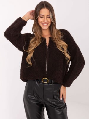 Boucle megztinis su vilna užsegamas užtrauktuku "SELENA" tamsi ruda