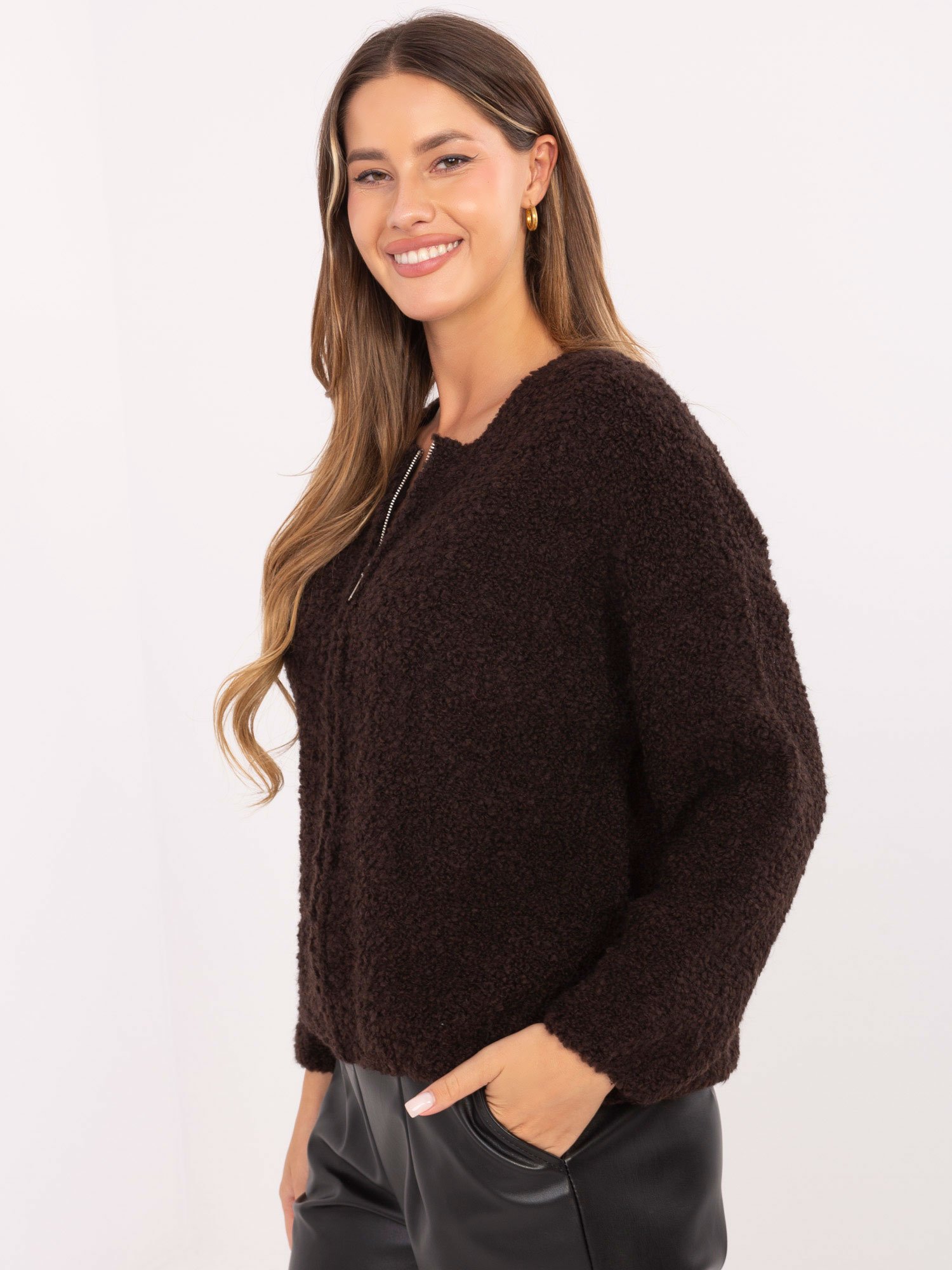 Boucle megztinis su vilna užsegamas užtrauktuku "SELENA" tamsi ruda - Image 4