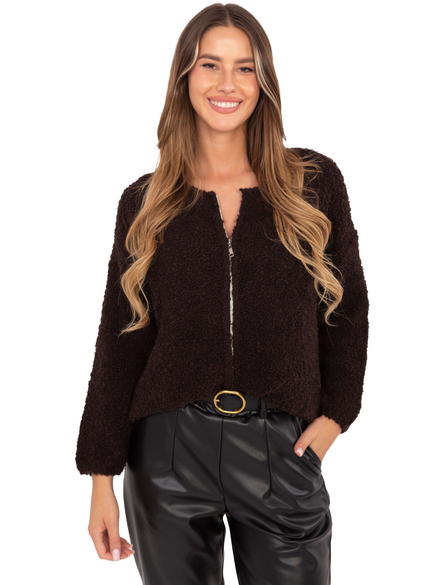 Boucle megztinis su vilna užsegamas užtrauktuku "SELENA" tamsi ruda - Image 2