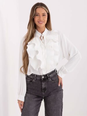 Marškiniai su plisuotais raukiniais ir dekoratyviu kaklo raišteliu "EVELYN" balta