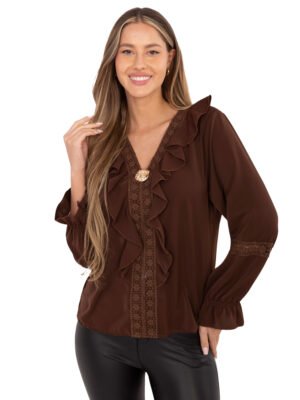 Palaidinė su nėrinių detalėmis, raukiniais ir puošnia sage "LACE" ruda