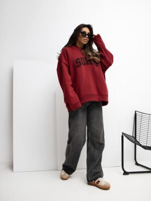 Oversize džemperis su užrašu ir gobtuvu "MOSSE" bordo