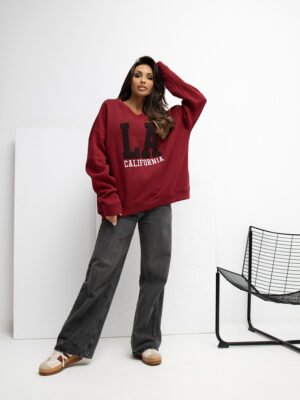 Oversize stiliaus džemperis su užrašu "LA CALIFORNIA" bordo
