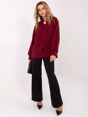 Elegantiška palaidinė su kaspinu ir pūstomis rankovėmis "IEVA" bordo