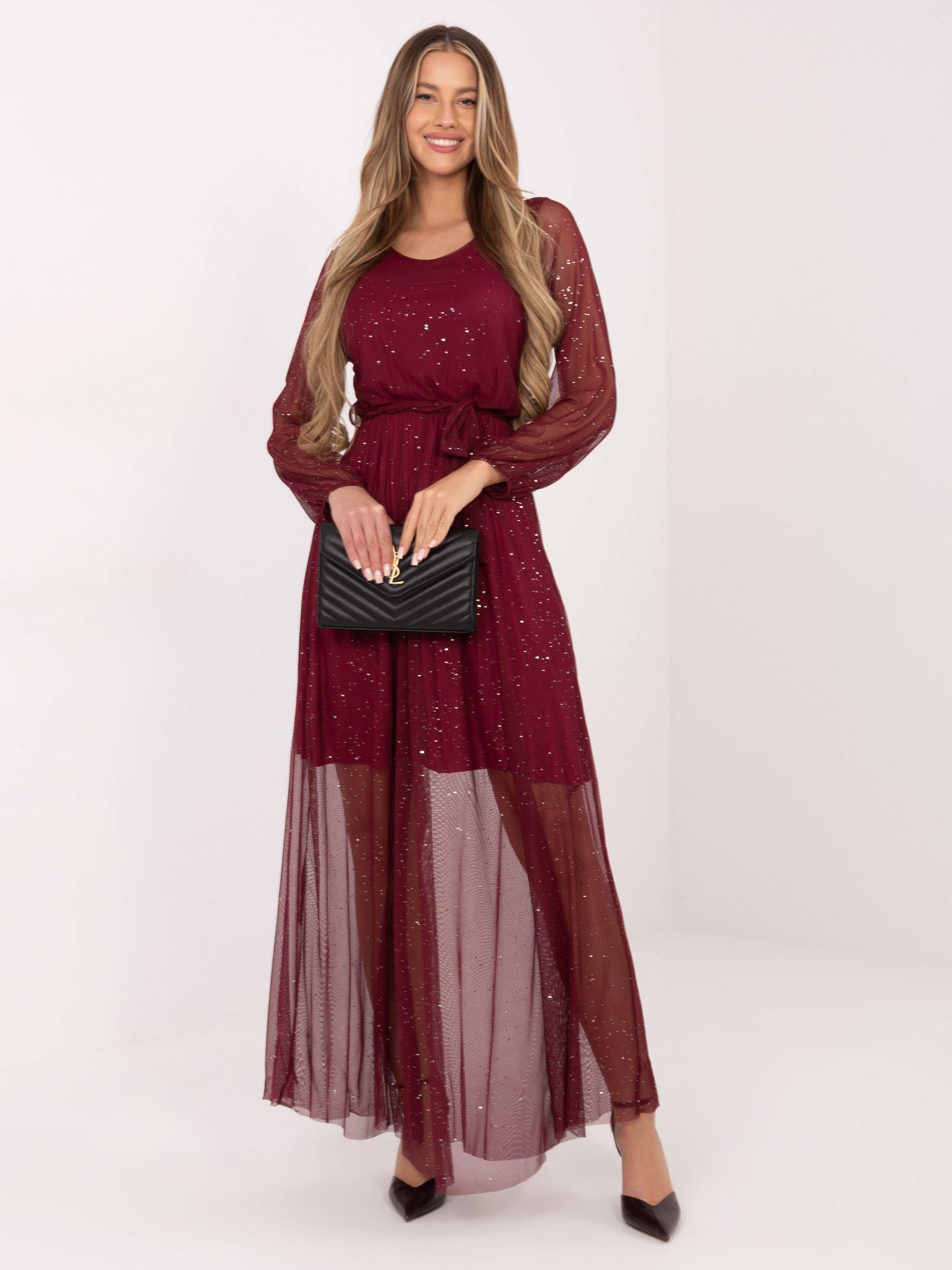 Elegantiška vakarinė suknelė su blizgučiais ir tiuliu "DANIELA" bordo