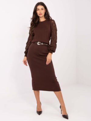 Megztas midi sijonas su diržu ir skeltuku nugaroje "RAFFINE" ruda