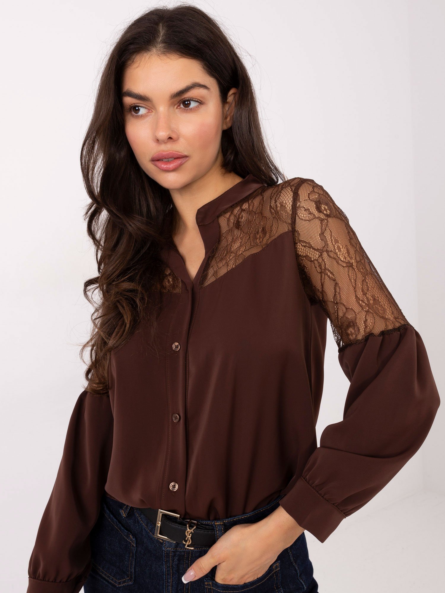 Klasikiniai marškiniai su permatomų nėrinių detalėmis "NORA" ruda - Image 2