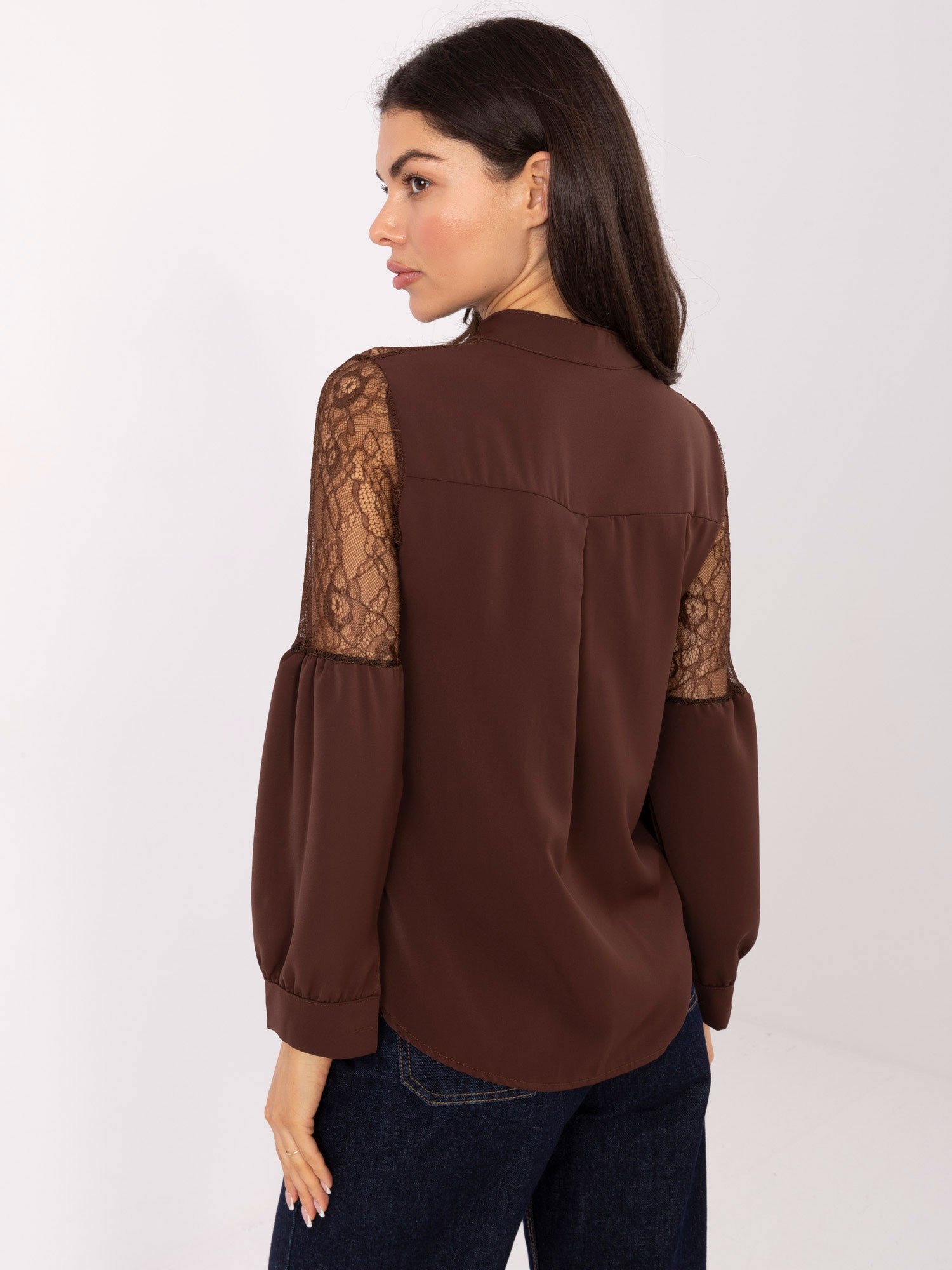 Klasikiniai marškiniai su permatomų nėrinių detalėmis "NORA" ruda - Image 3