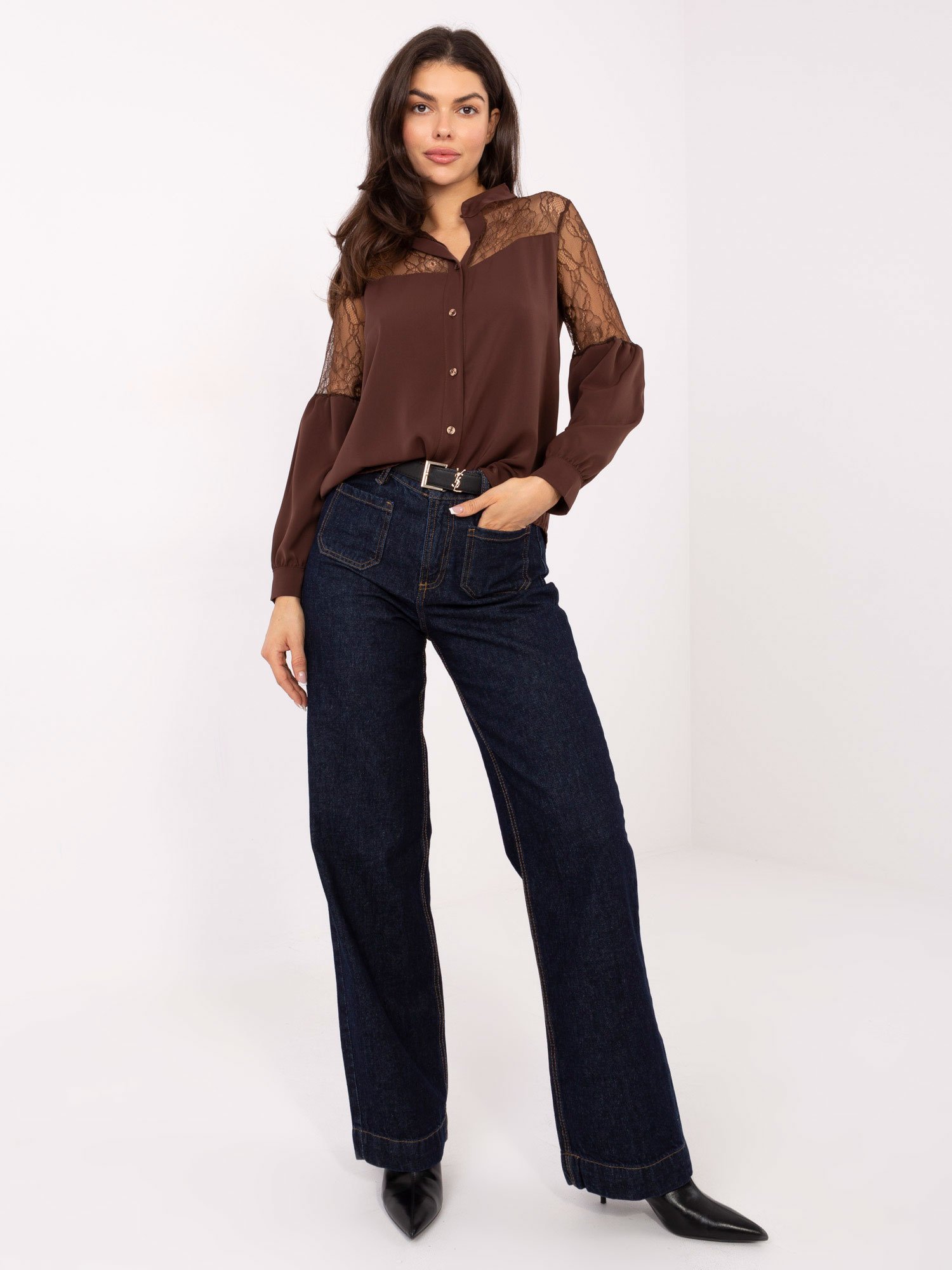 Klasikiniai marškiniai su permatomų nėrinių detalėmis "NORA" ruda