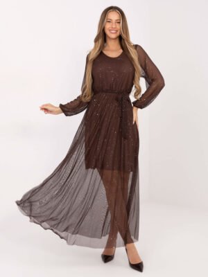 Elegantiška vakarinė suknelė  su blizgučiais ir tiuliu "DANIELA" ruda