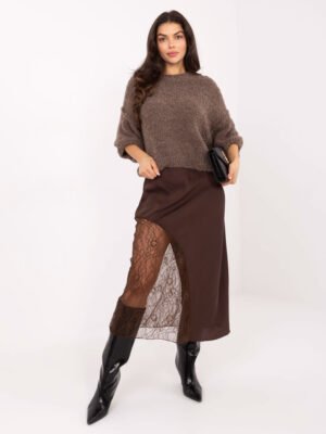 Išraiškingas sijonas su permatomų nėrinių intarpu "PAULA" ruda