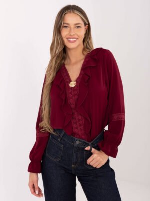 Palaidinė su nėrinių detalėmis, raukiniais ir puošnia sage "LACE" bordo