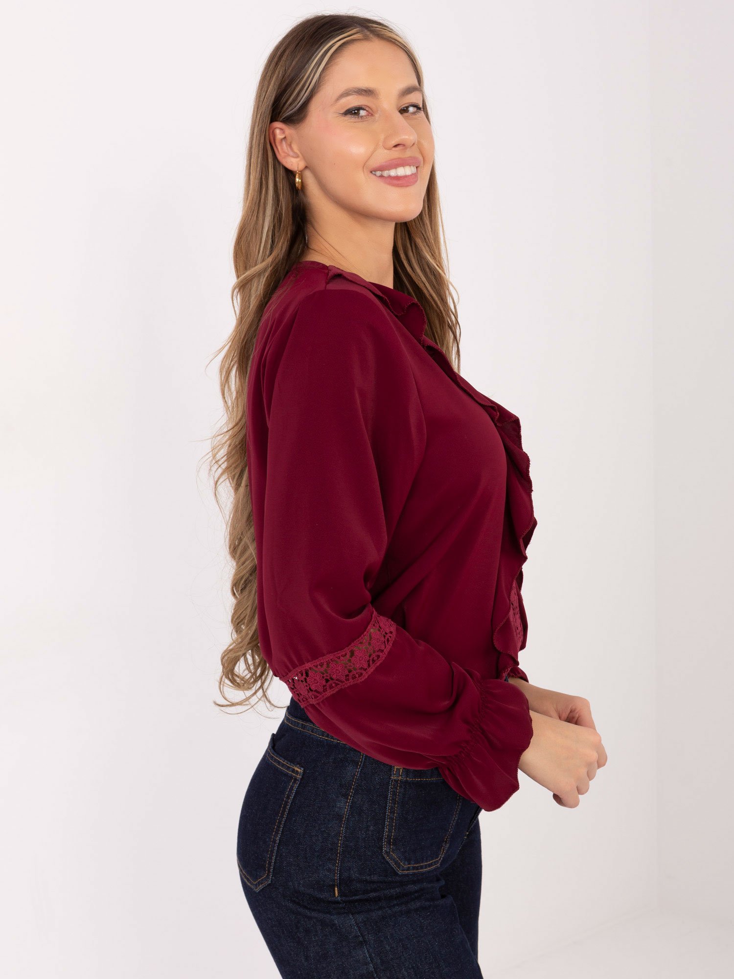 Palaidinė su nėrinių detalėmis, raukiniais ir puošnia sage "LACE" bordo - Image 3