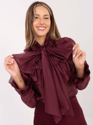 Švelniai permatomi marškiniai su raukiniais ir kaspinu "DIANA" bordo