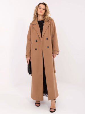 Klasikinis ilgas paltas su dvieiliu užsegimu "SELIA" karamelinė
