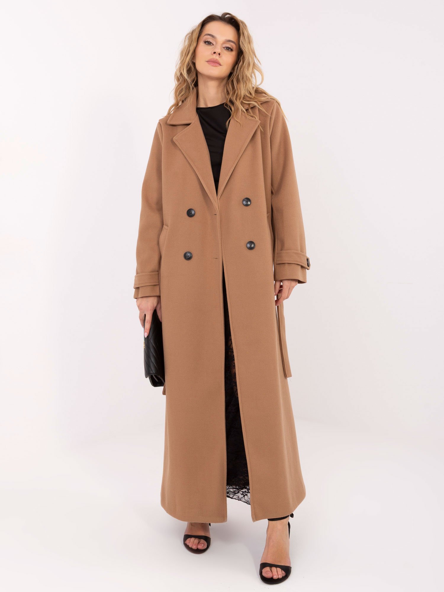Klasikinis ilgas paltas su dvieiliu užsegimu "SELIA" karamelinė