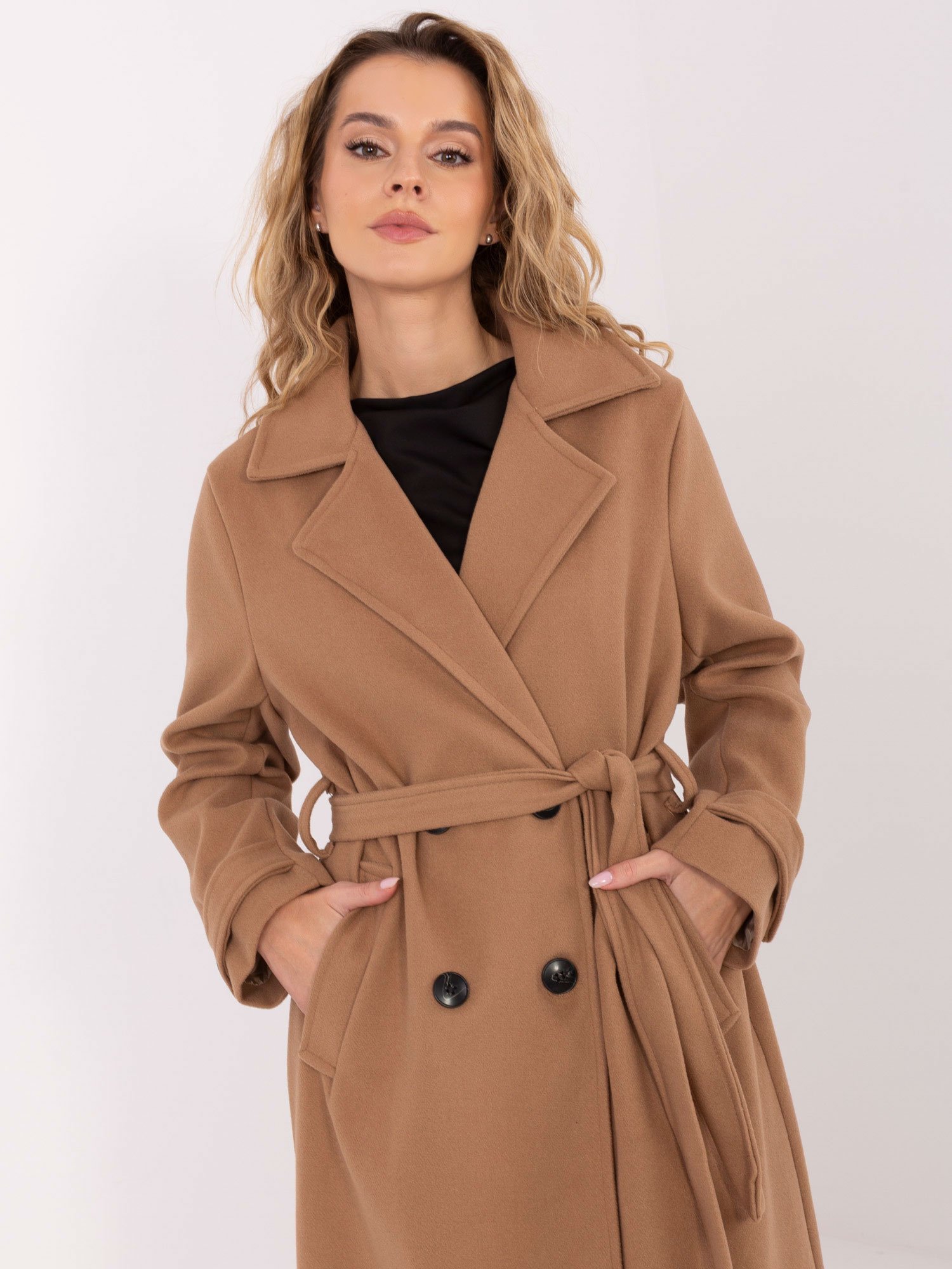Klasikinis ilgas paltas su dvieiliu užsegimu "SELIA" karamelinė - Image 5