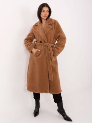 Jaukus ilgas kailiuko tekstūros paltas "LAVITO" karamelinis