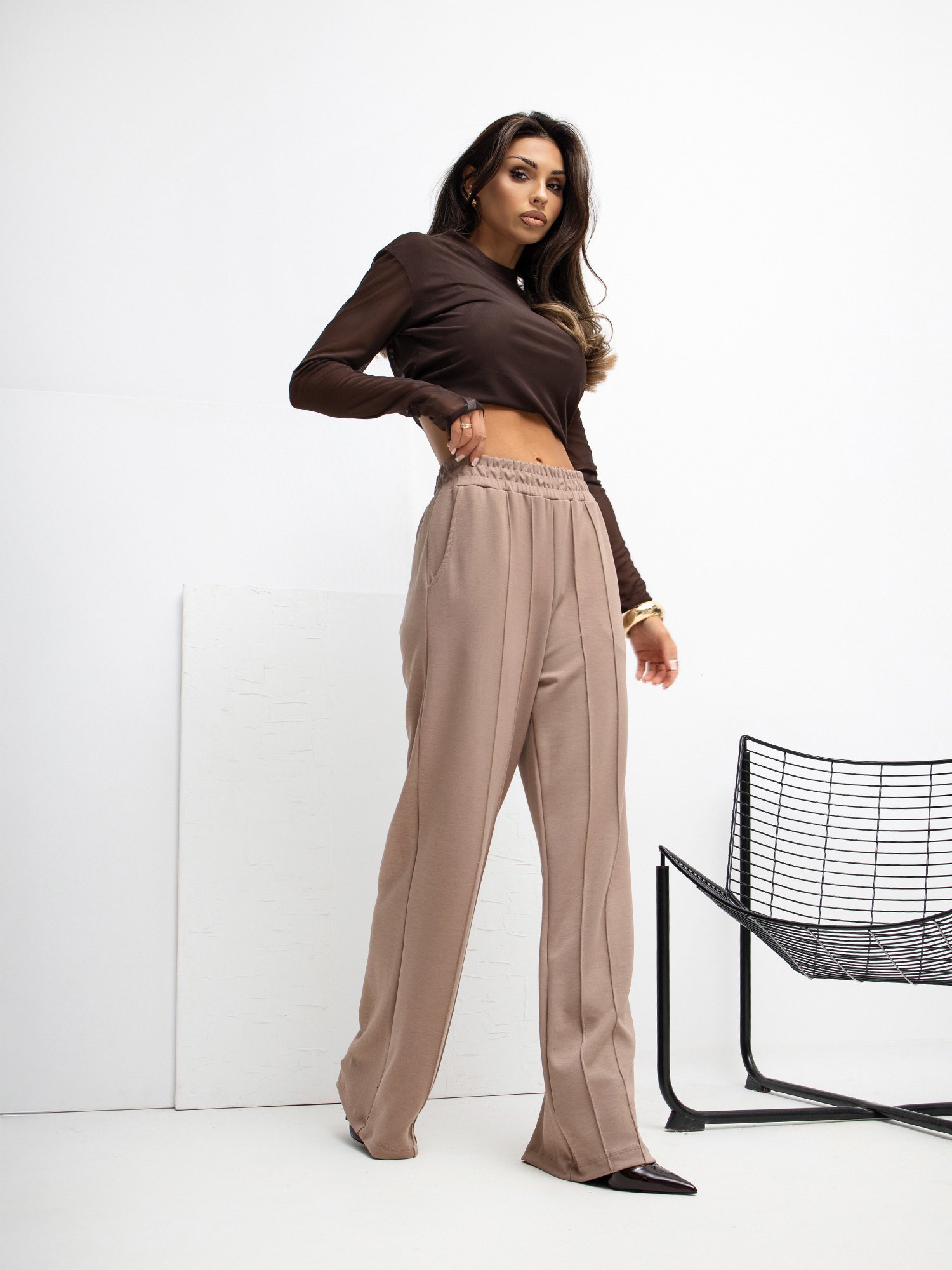 Plataus modelio laisvalaikio kelnės "Basic Wide Leg" tamsi smėlio - Image 2