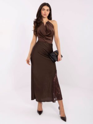 Ilgas satino sijonas su nėrinių skeltuku "ALIA" tamsi ruda